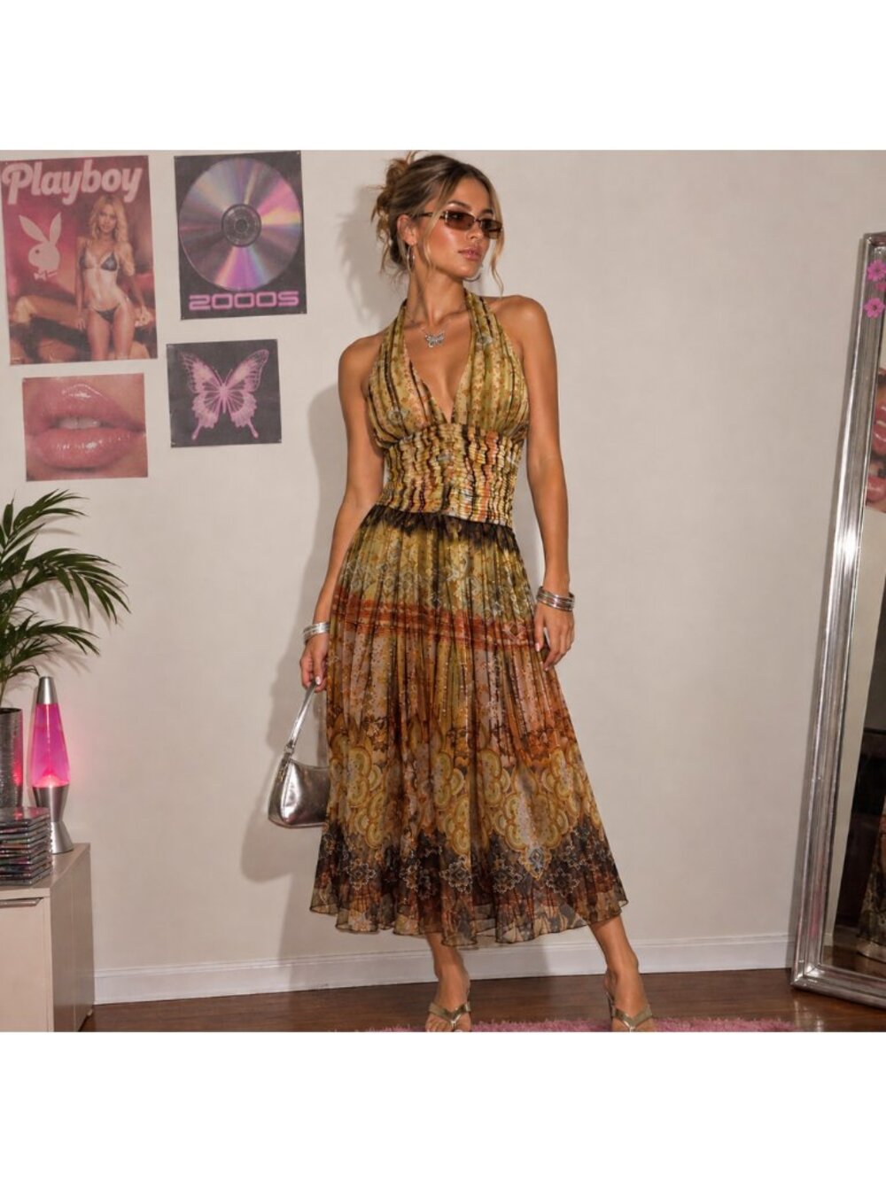 Y2K Morell Maxie 100% Silk Halter Dress Size 12 Sunset Hued Babydoll Boho Fairy